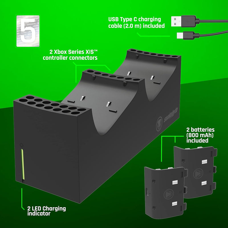 snakebyte Xbox Twin Charge SX - Black - Xbox Series X Charging Station for Series X Controller, Charger for 2 Wireless Controllers, 2 Batteries Rechargeable 800mAh, LED Charge Status, Series X Design