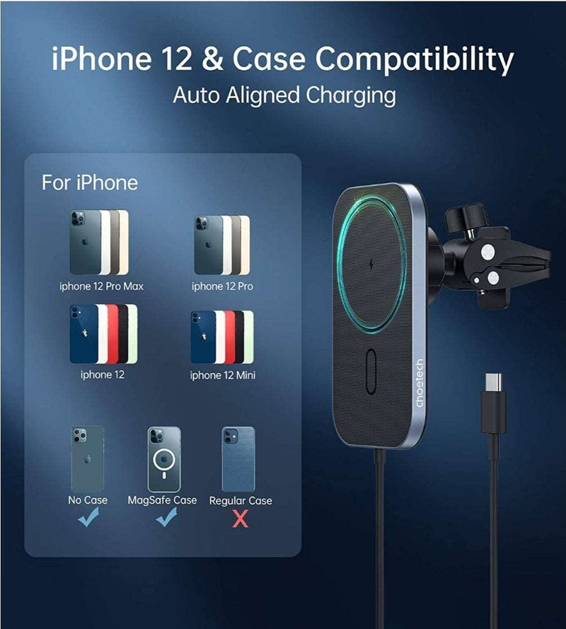 Magsafe Car Mount Wireless Car Charger For iPhone 12 360° Adjustable Auto-Alignment Air Vent Choetech T200