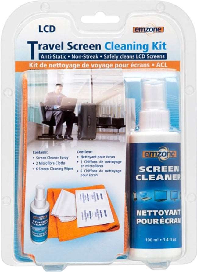Emzone - Travel Screen Cleaning Kit - Includes 100ml Screen Cleaner - 1 Microfibre Cloth - 6 Screen Cleaning Wipes Alcohol & Ammonia Free (47077)