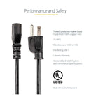 15ft (4.5m) Computer Power Cord, NEMA 5-15P to C13, 10A 125V, 18AWG, Black Replacement AC Power Cord, Printer Power Cord, PC Power Supply Cable, Monitor Power Cable - UL Listed