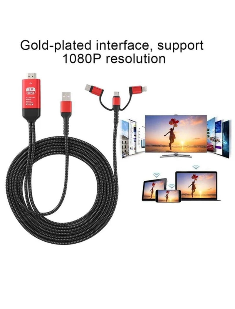 3 in 1 2M Type-C to Hd MHL Cable Audio Video Cable Micro USB Projection for iPhone Android to TV/Projector HDTV
 
