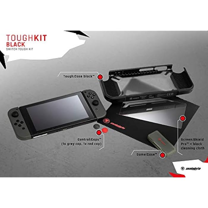 Tough Kit - Accessory Set Including Rubber Hard Case H9 Glass Protector Cleaning Cloth Thumb Grips Game Hard Case For Nintendo Switch - Black - Nintendo Switch