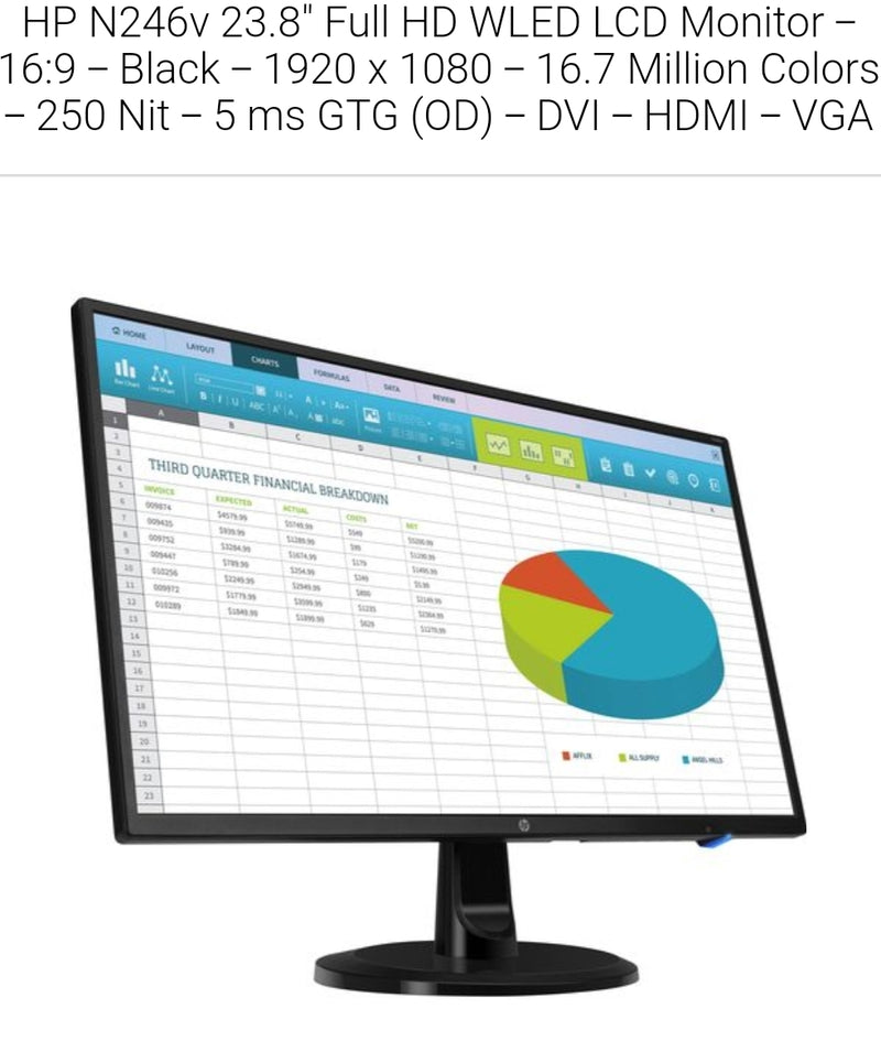 HP N246v 23.8" Full HD WLED LCD Monitor - 16:9 - Black - 1920 x 1080 - 16.7 Million Colors - 250 cd/m² - 5 ms GTG (OD) - DVI - HDMI - VGA 