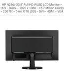 HP N246v 23.8" Full HD WLED LCD Monitor - 16:9 - Black - 1920 x 1080 - 16.7 Million Colors - 250 cd/m² - 5 ms GTG (OD) - DVI - HDMI - VGA 