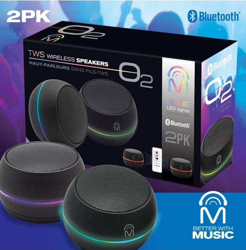 Portable Bluetooth Speakers with LED Lights - Double Pack - Stereo Sound - Black