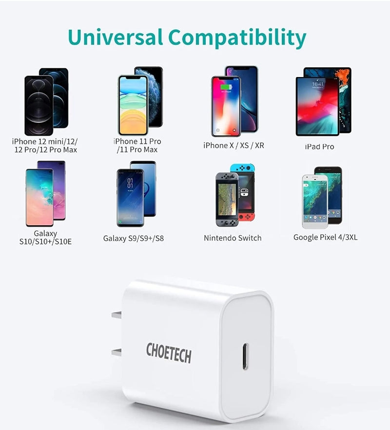 Q5004 CHOETECH PD Fast Type C Wall Charger 20W Compatible IPhone 12 Pro Max/12 Mini/11 Pro Max
