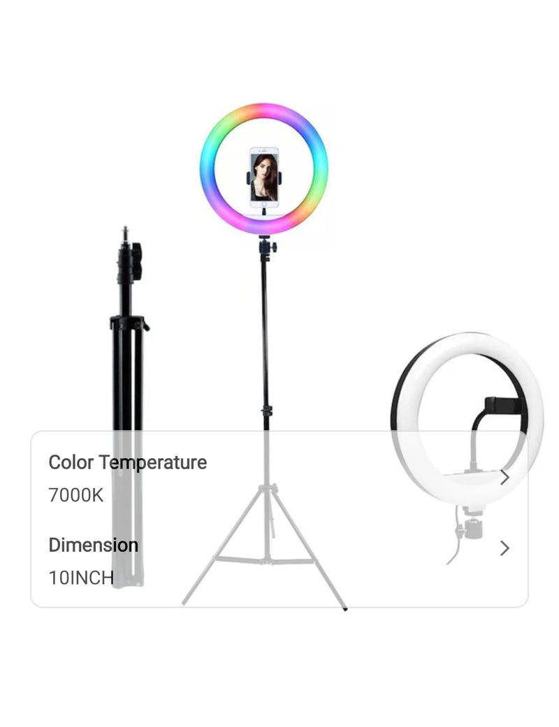 10 inch RGB ring light with 160 cm tripod and bluetooth remote control